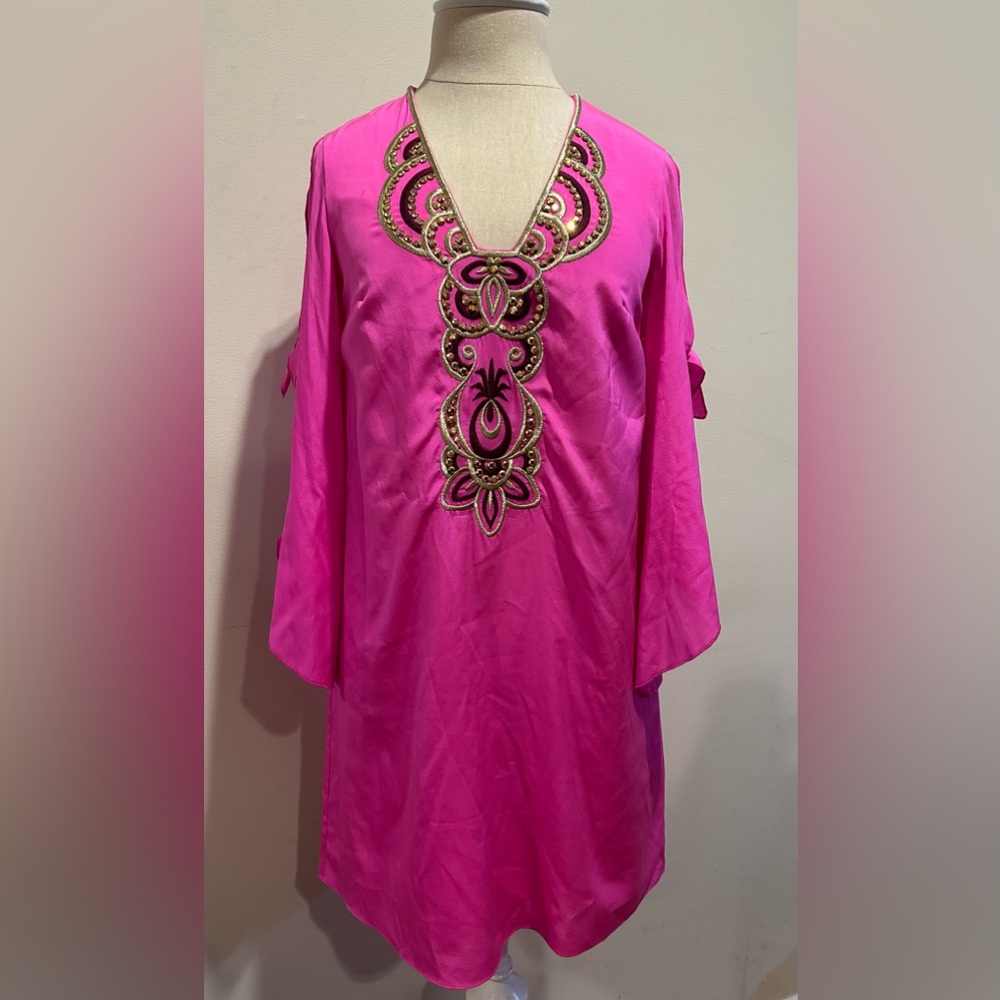 NWT Lilly Pulitzer Avila Neon Hot Pink Silk Beaded Berry Fizz Bow Sleeve Dress